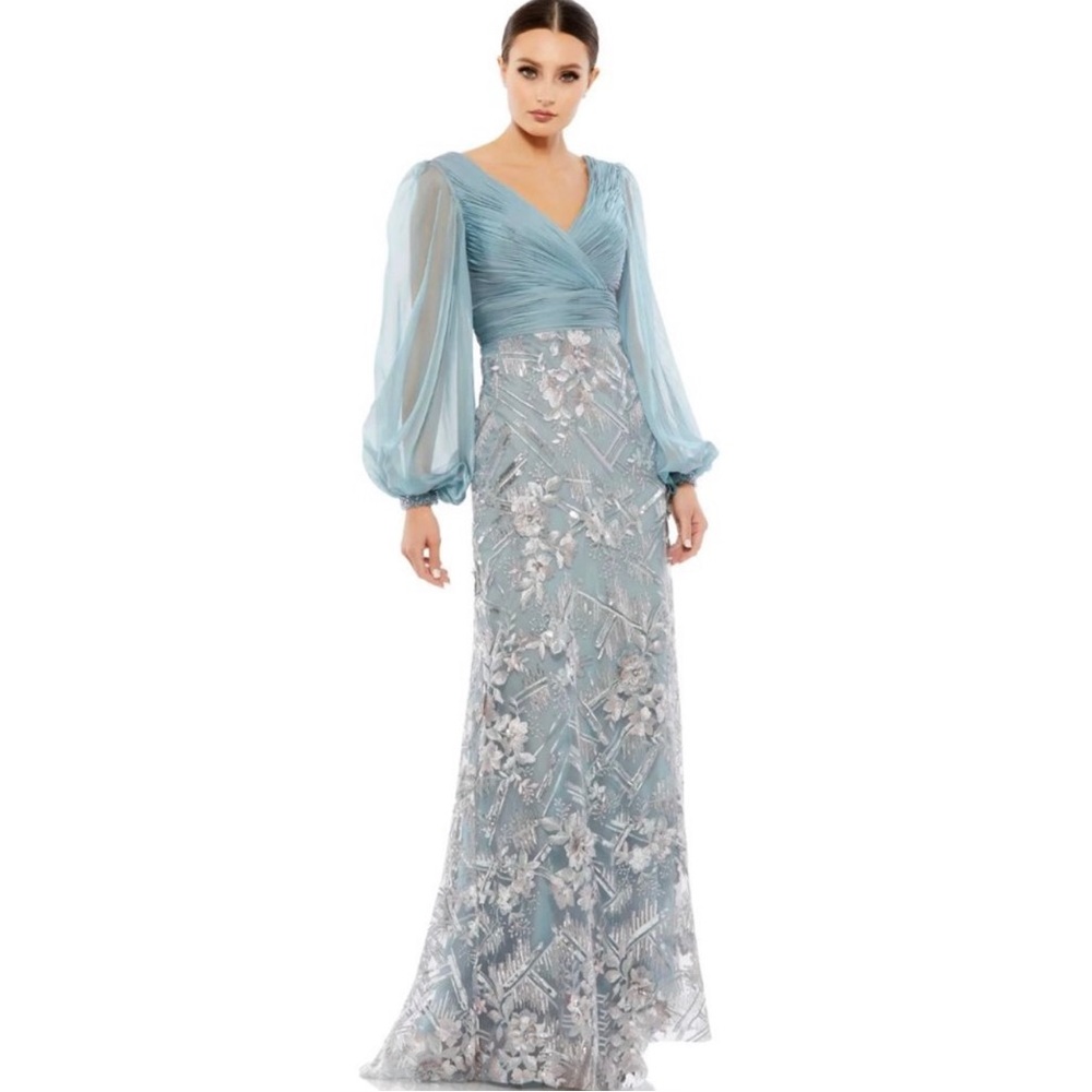 Mac Duggal Slate Blue evening gown with silver. Great for wedding party! Size 8